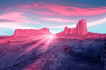 Pink rocks in the desert against a beautiful blue sky with clouds. Rays of pink light. Alien planet concept. Iranian desert.