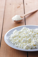 Cheese, fresh cottage cheese in a white plate, wooden spoon, curd on a wooden background, sour cream in a wooden spoon, dairy products on a natural background, retro style, minimalism