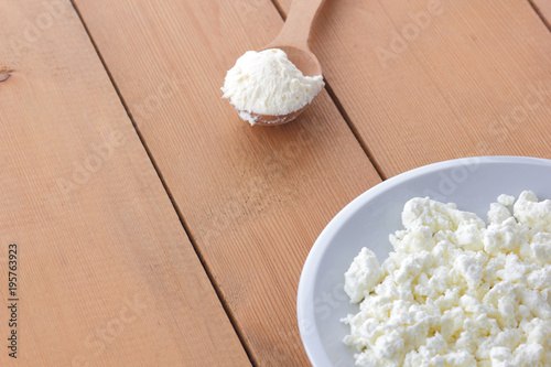 Cheese Fresh Cottage Cheese In A White Plate Wooden Spoon Curd