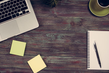 Office desk table with supplies. Top view. Copy space for text