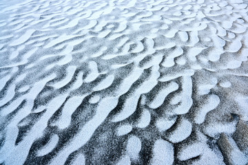 The patterns on the frozen lake. Ice is water frozen into a solid state. Depending on the presence of impurities, it can appear transparent or a more or less opaque bluish-white color.