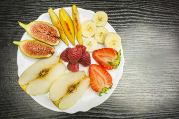 Top view of a plate with fresh fruit.