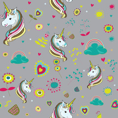 Unicorns with clouds and colored drops with cute flowers around seamless pattern. Vector illustration on grey background