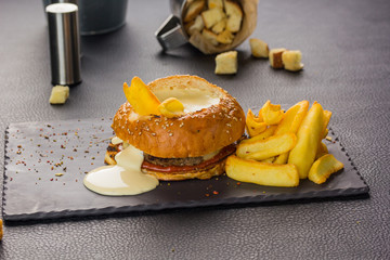 hamburger with egg and meat