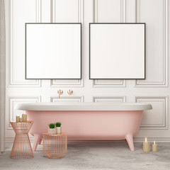 Mock up poster in the bathroom in a vintage style. Trend color. 3d.