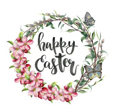 Watercolor easter card with butterfly, apple flowers and lettering. Hand painted illustration with willow, tree branch with leaves isolated on white background. For design, print, background.