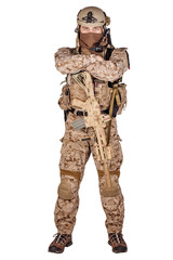 Special forces soldier with rifle on white background. army, military and people concept