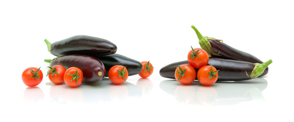 cherry tomatoes and eggplants on a white background