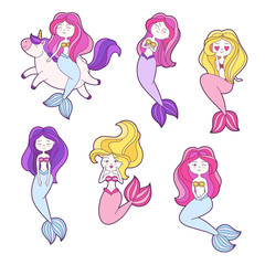 Set of funny cartoon mermaids. Patch, badge sticker. Collection of icons, pattern for clothes, t-shirts, print, web design, postcards. Vector doodle illustration with cartoon comic characters