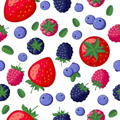 Seamless pattern with blackberry, blueberry, strawberry, raspberry.