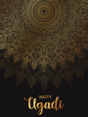 Happy Ugadi. Template greeting card for holiday. Mandala background, backdrop, wallpaper