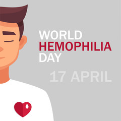 World Hemophilia Day card 17 april. Vector Design contains young man, red heart and  white drop of blood in the care of patients with hemophilia