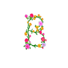 Colorful Floral Alphabet - Letter B Isolated on White Background for Postcard, Stationeries, Logo, Web and Decoration. Elegant Floral Monogram Letter B Logo Design