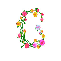Cute Colorful Floral Alphabet - Letter G Isolated on White Background for Postcard, Stationeries, Logo, Web and Decoration. Elegant Floral Monogram Letter G Logo Design