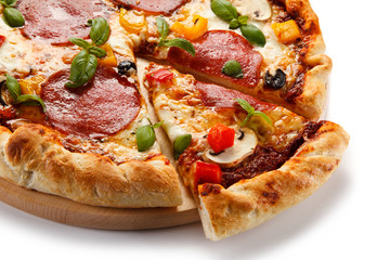 Pizza pepperoni with salami, mushrooms and olives 