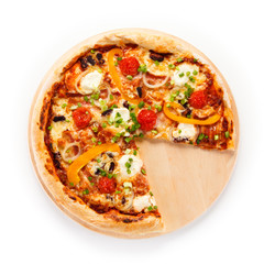 Pizza with ham and vegetables on white background 