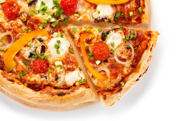 Pizza with ham and vegetables on white background 