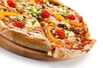 Pizza with ham and vegetables on white background 
