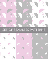 Set of six seamless patterns in white, grey and pink. Six patterns perfect to textile design and paper design, background and cover.