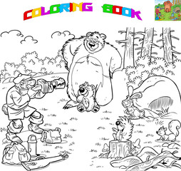 The illustration shows a male tourist who is engaged in photo hunting. Animals on a forest glade posing for a photoshoot. Vector illustration is made in cartoon style,designed for coloring book