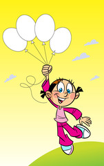 The illustration shows a funny cartoon girl with balloons in her hands.