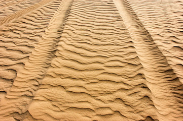 Tire tracks of a car on sand in the desert, background.
