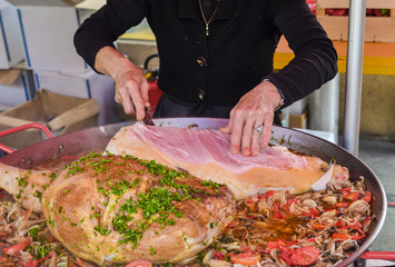 Big pan with the vegetables on a market