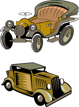 The illustration shows two models of cartoon retro cars, isolated on a white background.