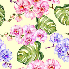 Panele Szklane Podświetlane  Niebieskie i różowe kwiaty orchidei i liście monstera na jasnożółtym tle. Kwiatowy wzór. Malarstwo akwarelowe. Ręcznie rysowane ilustracja. Projekt dla tkaniny, tapety, papieru do pakowania.