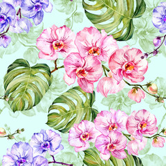 Panele Szklane  Niebieskie i różowe kwiaty orchidei z konturami i dużymi zielonymi liśćmi monstery na jasnoniebieskim tle. Wzór. Malarstwo akwarelowe. Ręcznie rysowane
