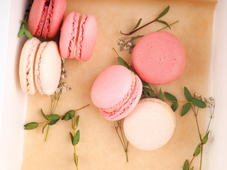 Colorful macaroons, Colorful french dessert, traditional french colorful macarons in a rows in a box