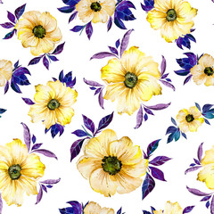 Beautiful yellow flowers with purple leaves on white background. Seamless floral pattern.  Watercolor painting. Hand drawn illustration.