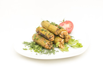 Closeup of Cooked Zucchini Stuffed with Rice Isolated on White Background, Egyptian and Greek Food