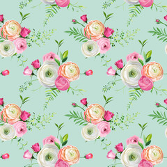 Floral Seamless Pattern with Pink Roses and Ranunculus Flowers. Botanical Background for Fabric Textile, Wallpaper and Decor. Vector illustration