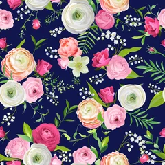 Foto op Plexiglas Rozen Zomer naadloze bloemmotief met roze bloemen en Lily. Botanische achtergrond voor stof textiel, behang, inpakpapier en decor. vector illustratie