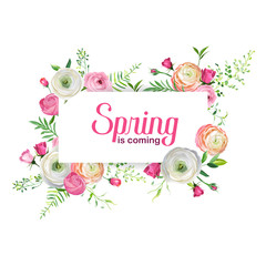 Hello Spring Floral Card for Holidays Decoration. Wedding Invitation, Greeting Template with Blooming Pink Flowers. Vector illustration