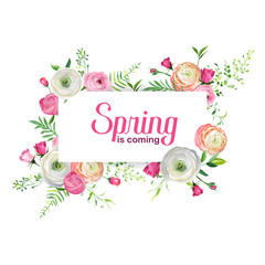Hello Spring Floral Card for Holidays Decoration. Wedding Invitation, Greeting Template with Blooming Pink Flowers. Vector illustration