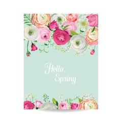 Hello Spring Floral Card for Holidays Decoration. Wedding Invitation, Greeting Template with Blooming Pink Flowers. Vector illustration