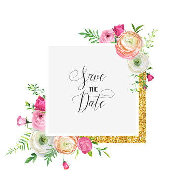 Save the Date Card Template with Golden Glitter Frame and Pink Flowers. Wedding Invitation, Greeting with Floral Ornament. Vector illustration