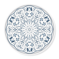 Decorative plate with a circular blue pattern, top view. White background. Vector illustration.
