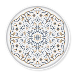Decorative plate with colored arabic ornament. Home decor background, Interior decoration, kitchen plate. top view. White background.
