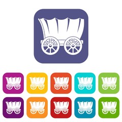 Ancient western covered wagon icons set flat
