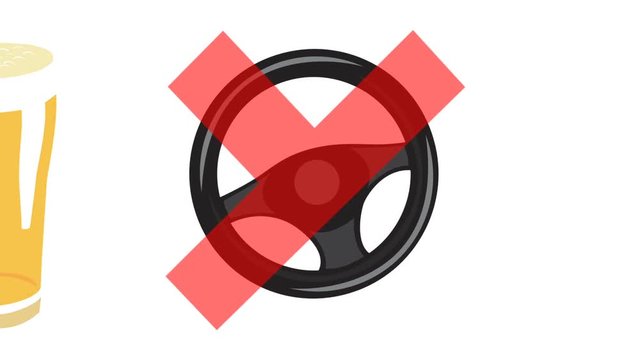 Motion video of a steering wheel and beers appearing, with a cross - drink driving warning