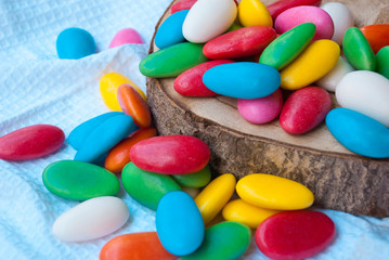 Easter background with colorful candy eggs. Spring holiday.