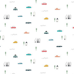 Pattern With Abstract Home Car And Tree Design Elements. Handmade Vector Illustration Background.