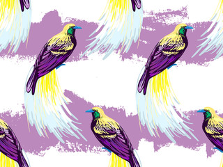 Seamless pattern with bird-of-paradise. Tropical pattern with bird of paradise. Exotic bird vector background. Perfect for wallpapers, pattern fills, web page backgrounds, surface textures, textile