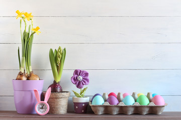 Easter still life. Color eggs, watch with ears of a rabbit, spring flowers in pots