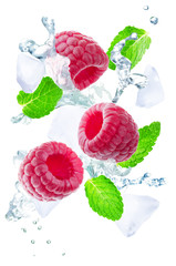 Flying Raspberry with mint leaves and a spray of water