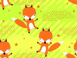 Seamless pattern with cute fox princess in crown. Creative childish texture. Great for fabric, textile Vector Illustration. Perfect for wallpaper, pattern fill, web page background, surface textures