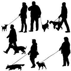 Set ilhouette of people and dog on a white background